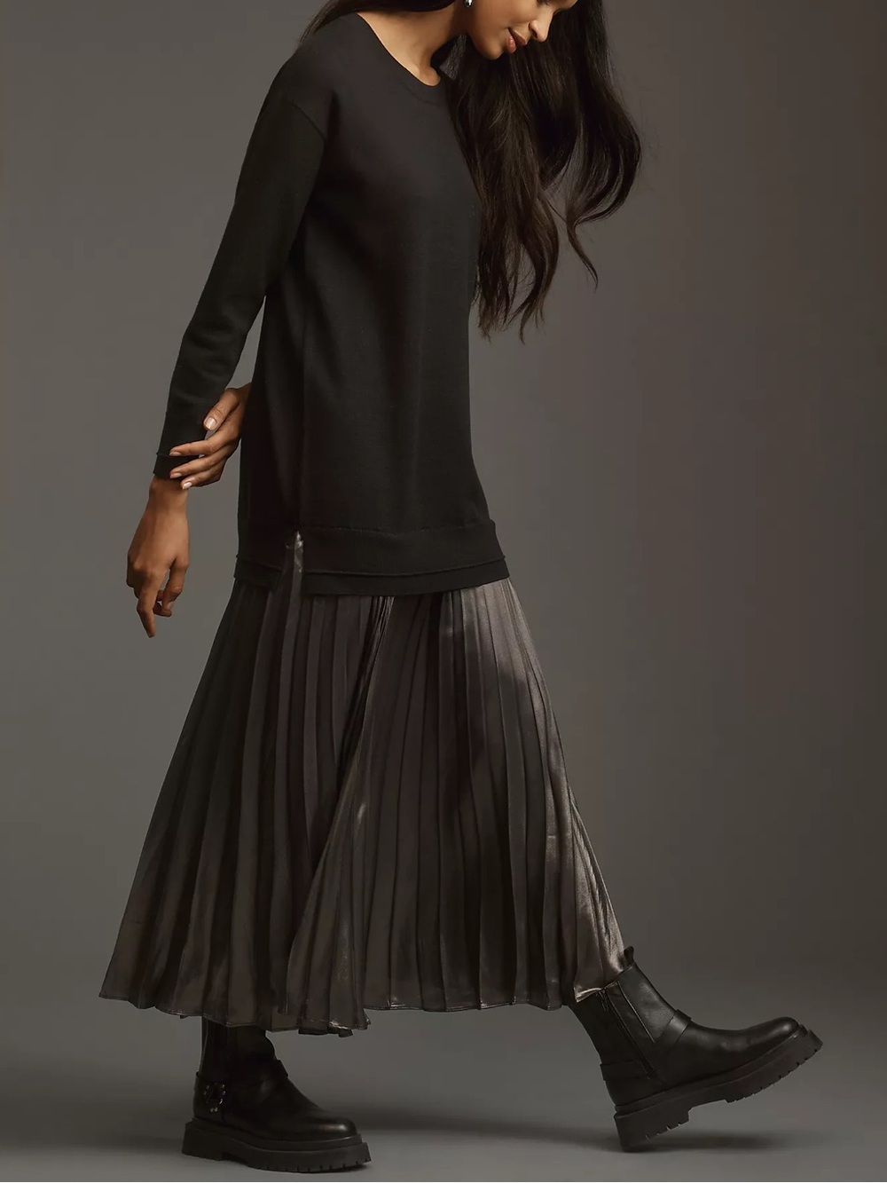 Anthropologie Women’s Twofer Black Knit Oversized Sweater Pleated Midi Dress S